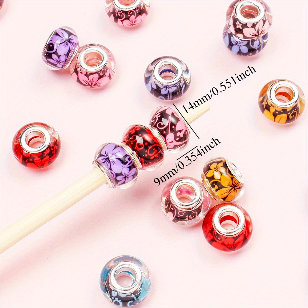 9x14mm Floral Print Acrylic Beads Clear Big Hole Assortment for Jewelry Making